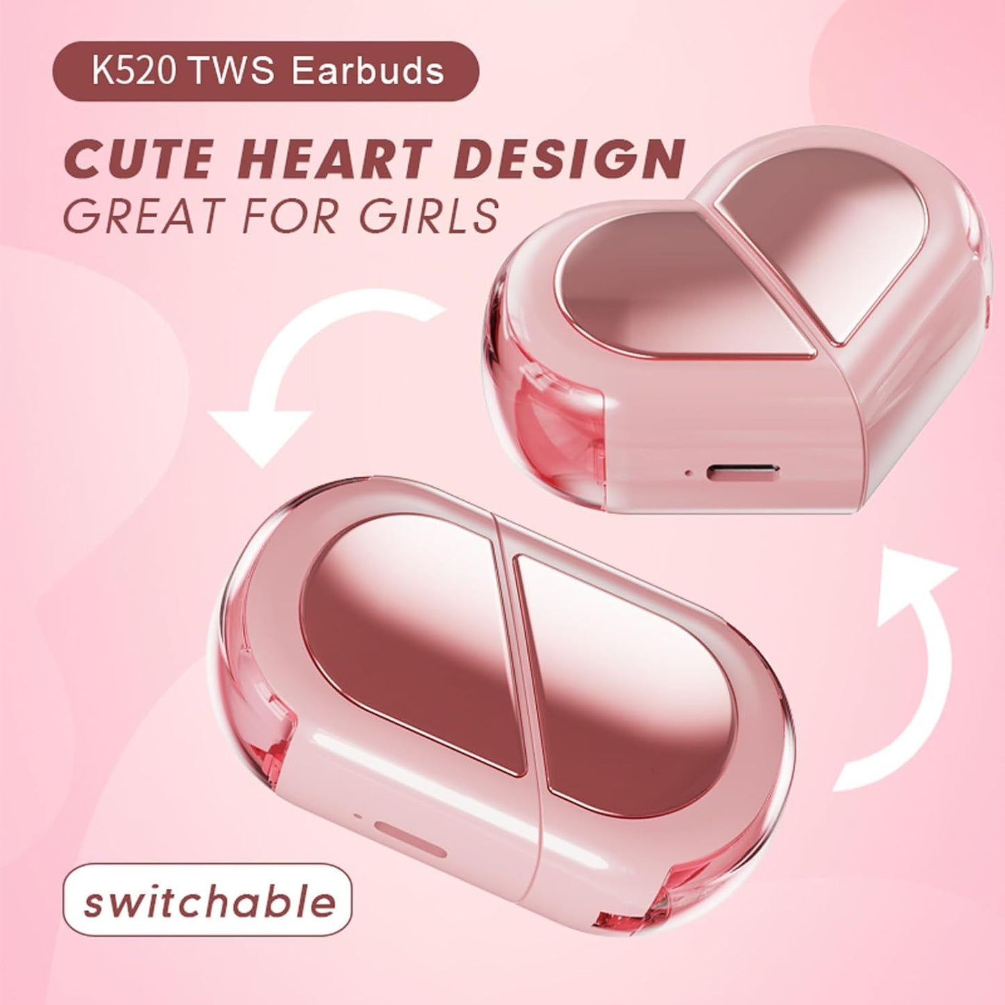 Pink Heart Design Wireless Earphones